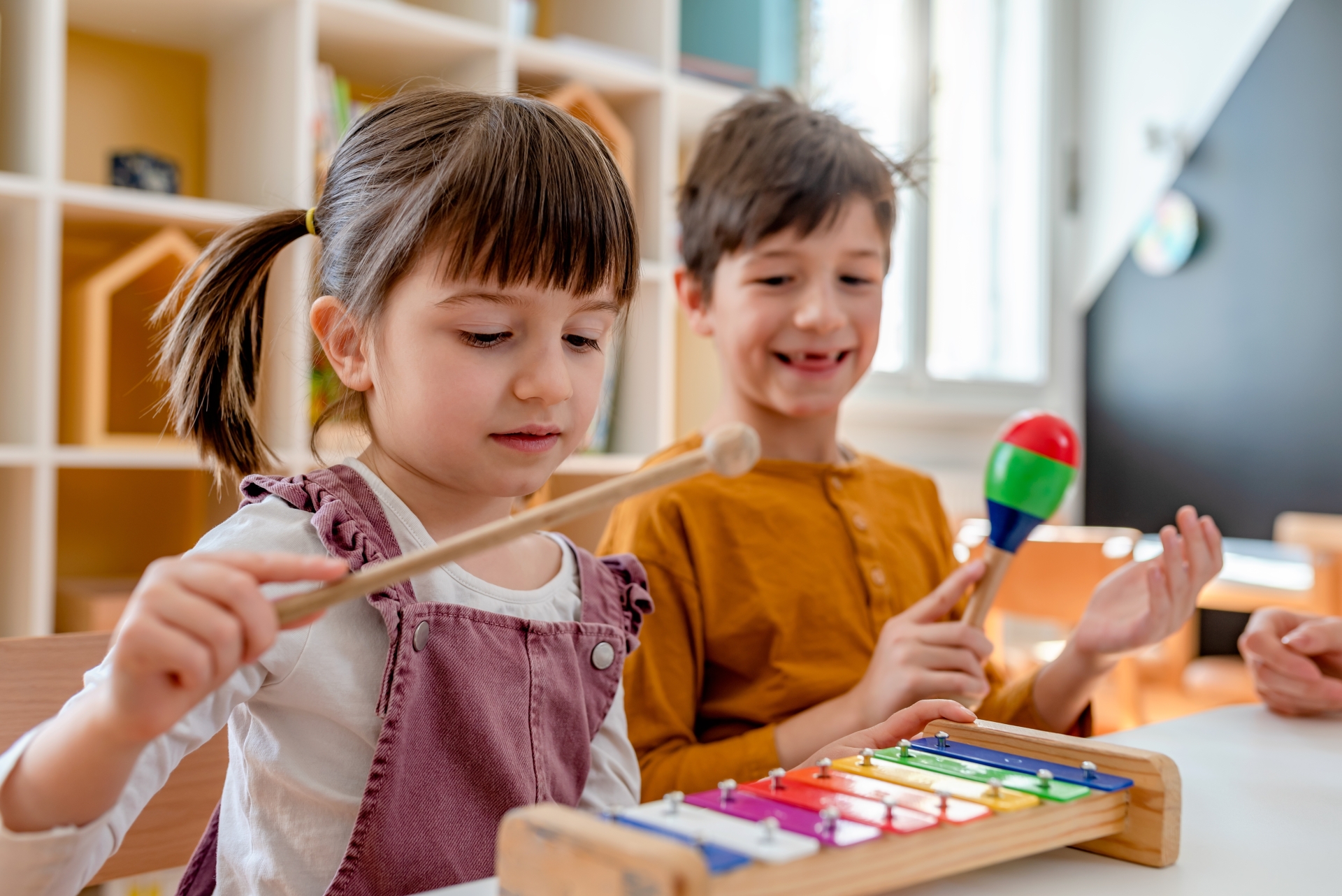 Kindergarten,Children,Learning,Music,Using,Various,Colorful,Instruments.,Learning,Music